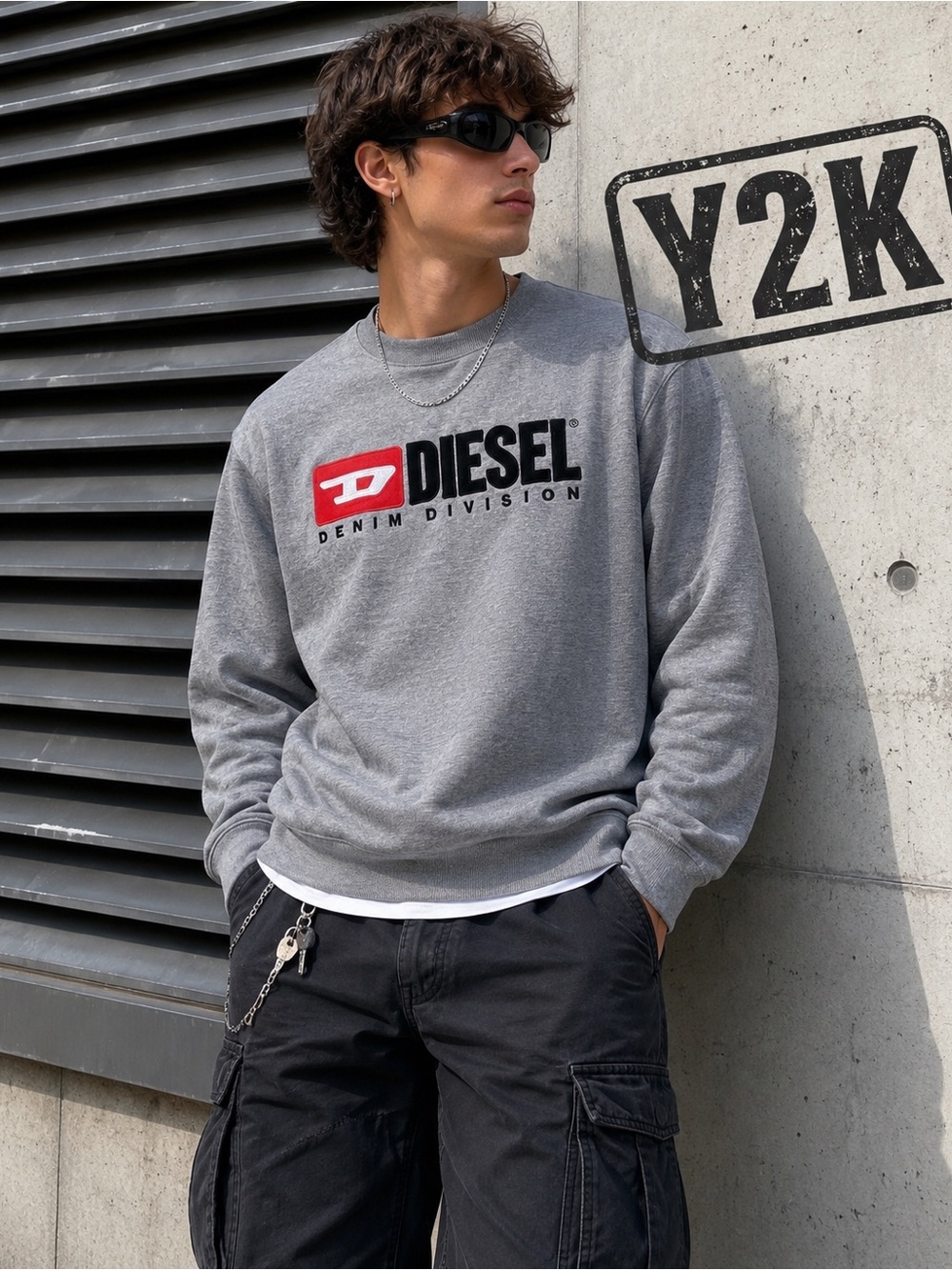 Diesel Denim Division Y2K Logo Crewneck Sweatshirt Gray Men’s Large Embroidered